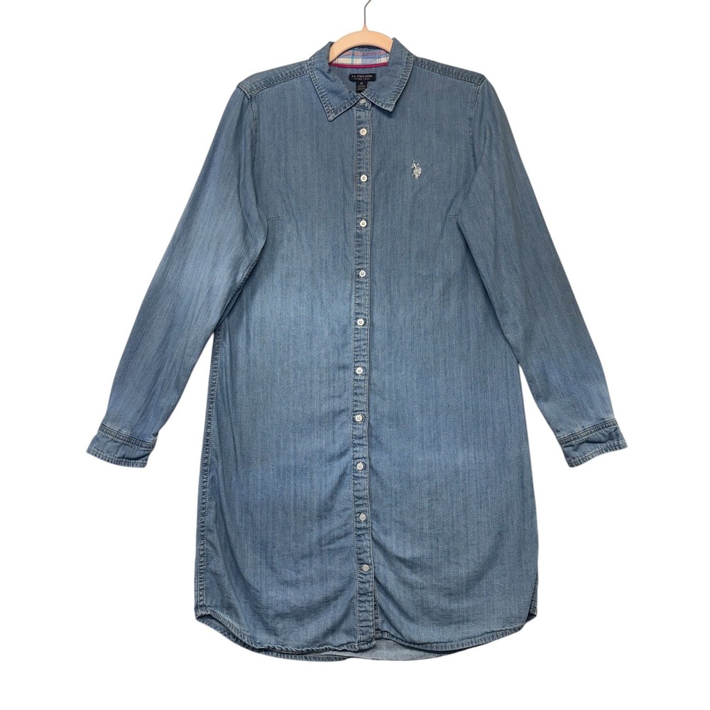 US Polo Assn Womens Denim Shirt Dress Blue Long Sleeve Button Front Size M